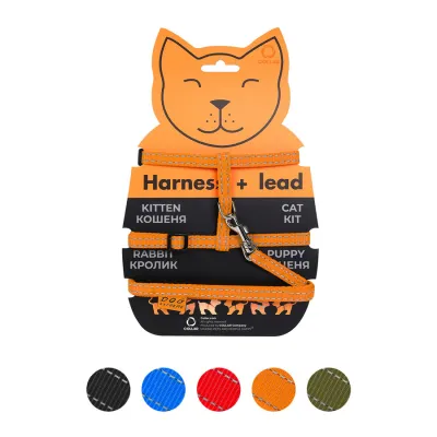 Шлея Dog Extreme из нейлона для кошек с поводком (ширина 10мм, А:20-30см, В:25-40см, длина 110см) оранжевый