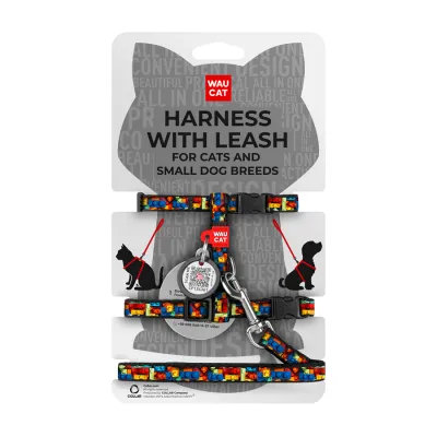 Шлея с поводком для кошек и мелких пород собак WAUCAT Nylon с QR паспортом, рисунок «Блоки», пластиковый фастекс, Ш 10 мм, В 25-40 см, С 20-30 см