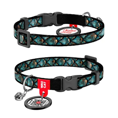 Нашийник для котів нейлоновий WAUCAT Nylon з QR адресником, малюнок "Луска", пластиковий фастекс, Ш 10 мм, Дов 20-30 см
