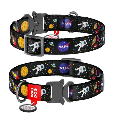 Ошейник для собак нейлоновый WAUDOG Nylon с QR паспортом, рисунок "NASA", металлическая пряжка-фастекс