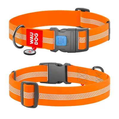 Нашийник для собак водостійкий WAUDOG Waterproof з QR паспортом, світловідбивний, пластиковий фастекс, Ш 40 мм, Дов 46-70 см, помаранчевий