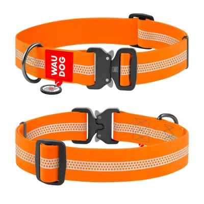 Нашийник для собак водостійкий WAUDOG Waterproof з QR-паспортом, світловідбиваючий, металева пряжка-фастекс, Ш 40 мм, Д 46-70 см, помаранчевий