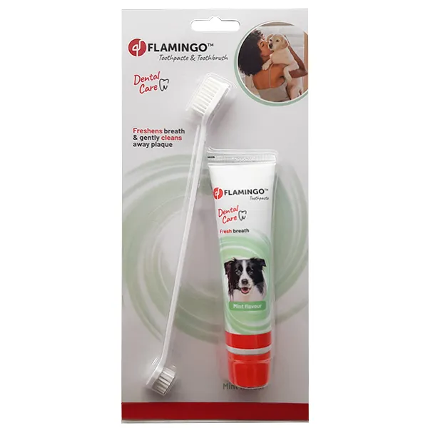 Flamingo Petcare Toothpaste + Toothbrush ФЛАМІНГО ЗУБНА ПАСТА ТА ЗУБНА ЩІТКА для собак, набір — фото 1