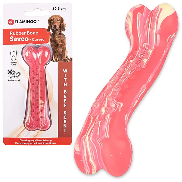 Flamingo Rubber Saveo Curved Bone Beef ФЛАМІНГО САВЕО ВИГНУТА КІСТКА жувальна іграшка для собак, смак яловичини — фото 1