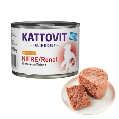 Диетический влажный корм для котов при заболеваниях почек, курица, Kattovit Veterinary Niere Renal Chicken, банка 185г
