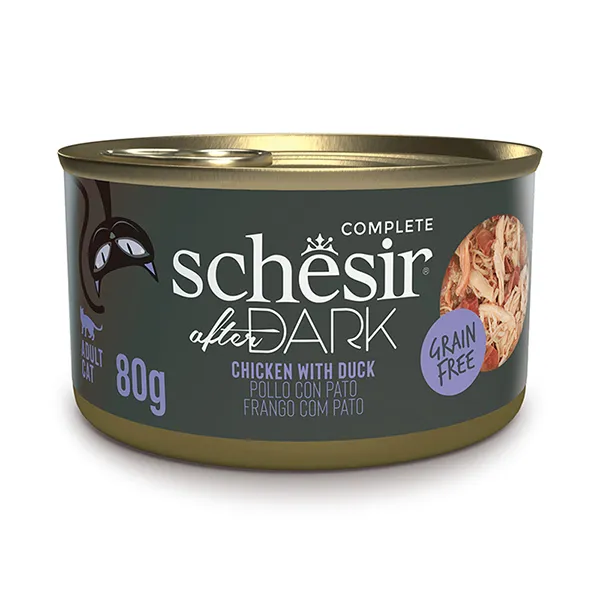 Schesir After Dark Chicken With Duck ШЕЗІР КУРКА З КАЧКОЮ в бульйоні натуральні консерви для котів, банка 80г — фото 1