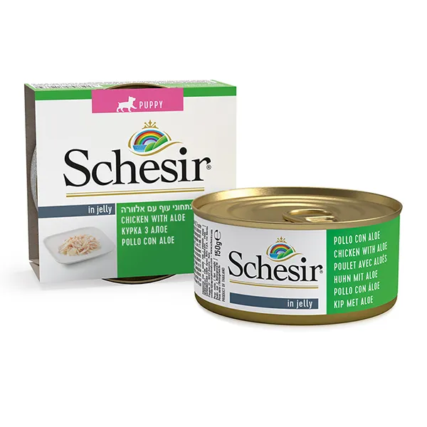 Schesir Chicken Aloe Puppy ШЕЗІР КУРКА З АЛОЕ в желе натуральні консерви для цуценят, вологий корм, банка 150г — фото 1