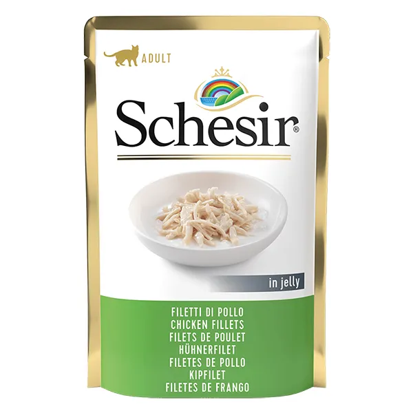 Schesir Chicken Fillets ШЕЗІР КУРЯЧЕ ФІЛЕ в желе натуральні консерви для котів, вологий корм, пауч 85г — фото 1