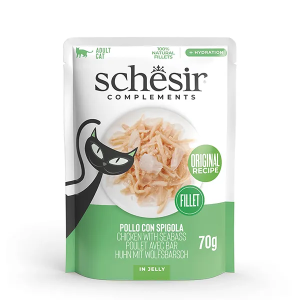 Schesir Chicken with Seabass ШЕЗІР КУРЯЧЕ ФІЛЕ З МОРСЬКИМ ОКУНЕМ в желе вологий корм консерви для котів, пауч 70г — фото 1