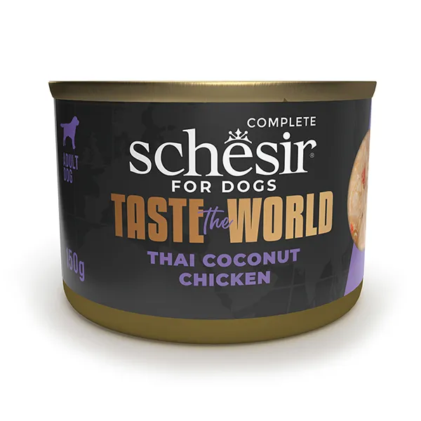 Schesir Taste the World Chicken Thai Coconut ШЕЗІР КУРКА ПО-ТАЙСЬКИ в бульйоні натуральні консерви для собак, вологий корм, банка 150г — фото 1