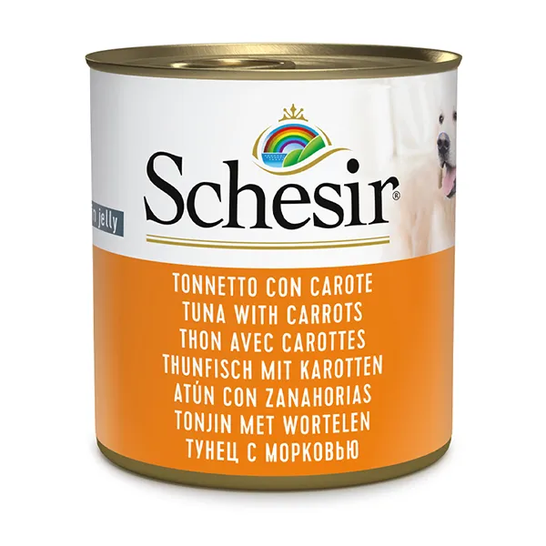 Schesir Tuna With Carrots ШЕЗІР ТУНЕЦЬ З МОРКВОЮ в желе натуральні консерви для собак, вологий корм, банка 285г — фото 1