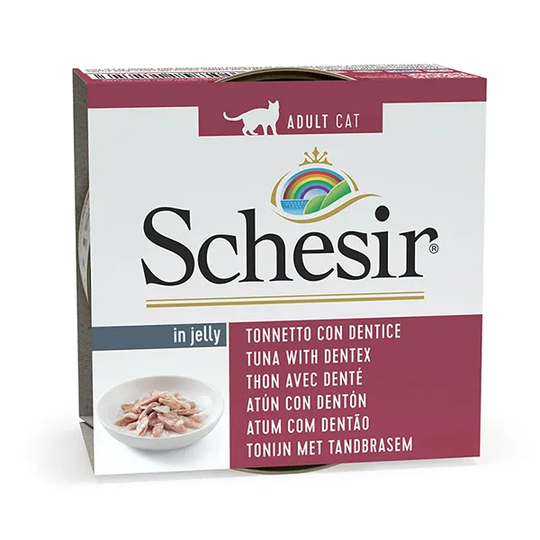 Schesir Tuna with Dentex ШЕЗІР ТУНЕЦЬ З ЗУБАНОМ в желе натуральні консерви для котів, вологий корм, банка 85г — фото 1