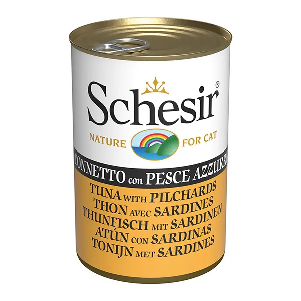 Schesir Tuna with Pilchards ШЕЗІР ТУНЕЦЬ З САРДИНОЮ в желе натуральні консерви для котів, вологий корм, банка 140г — фото 1