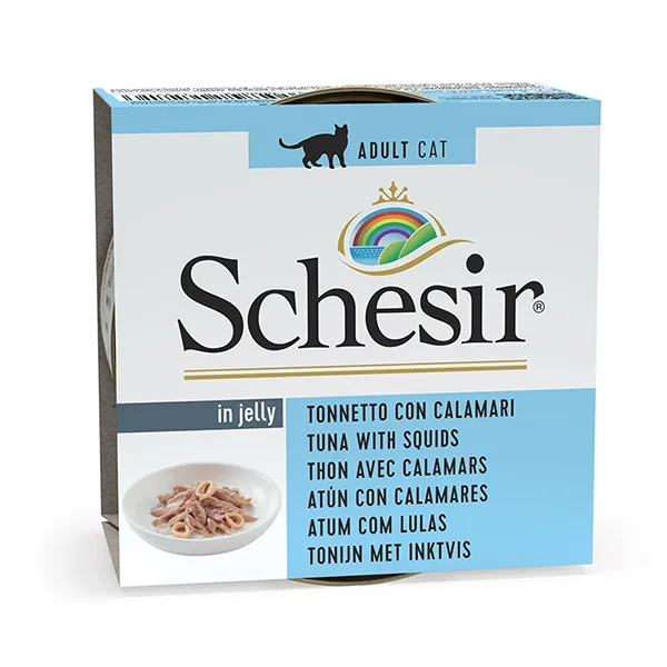 Schesir Tuna with Squid ШЕЗІР ТУНЕЦЬ З КАЛЬМАРОМ в желе натуральні консерви для котів, вологий корм, банка 85г — фото 1