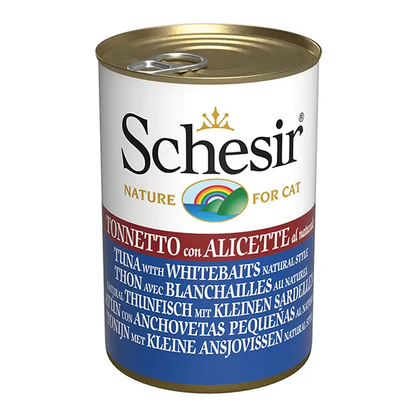 Schesir Tuna with Whitebaits ШЕЗІР ТУНЕЦЬ З АНЧОУСАМИ в бульйоні натуральні консерви для котів, вологий корм, банка 140г — фото 1