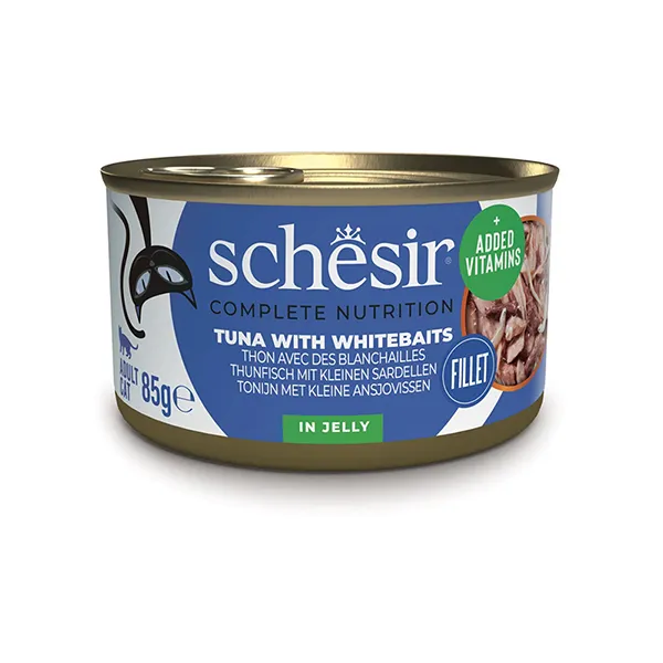 Schesir Tuna with Whitebaits ШЕЗІР ТУНЕЦЬ З АНЧОУСАМИ в желе повнораціонний вологий корм консерви для котів, банка 85г — фото 1