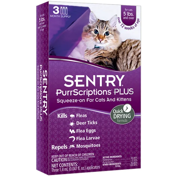Капли от блох и клещей для кошек от 2.2кг, Sentry PurrScriptions Plus — фото 1