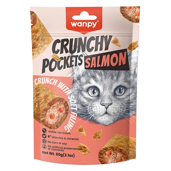Wanpy Crunchy Pockets Salmon & Roe ВАНПІ ХРУСТКІ ПОДУШЕЧКИ З ЛОСОСЕМ ТА ІКРОЮ ласощі для котів — фото 1