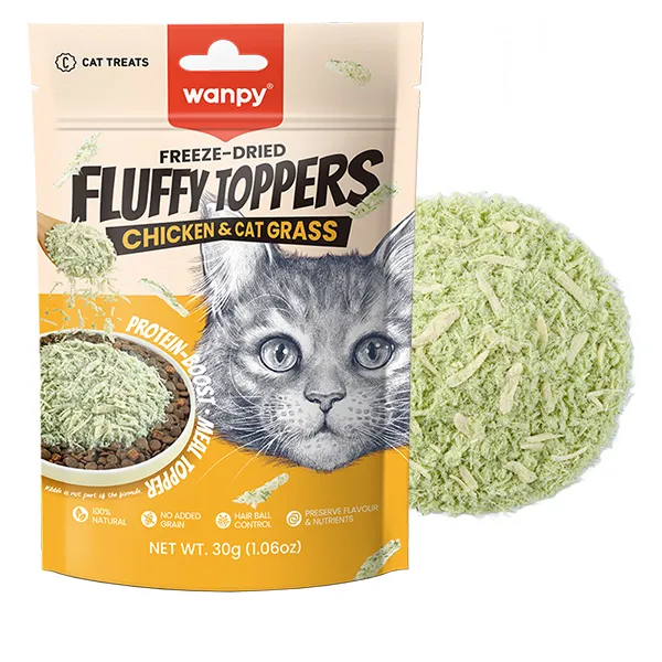 Wanpy Fluffy Toppers Chicken & Cat Grass ВАНПІ КУРКА ТА КОТЯЧА ТРАВА сублімовані ласощі для котів, топінг — фото 1