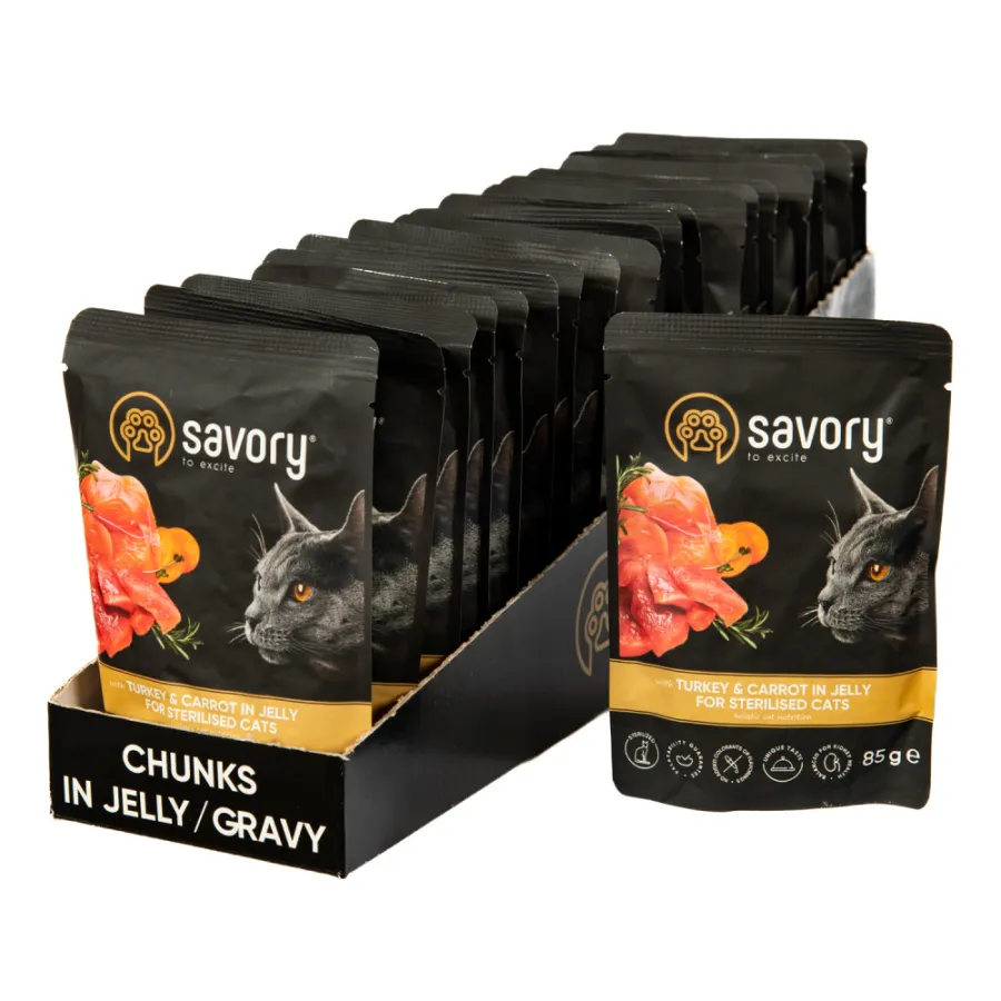 Влажный корм для стерилизованных кошек Savory Cat Pouch Turkey and Carrot in Jelly 85 г 18+4 шт. — фото 1