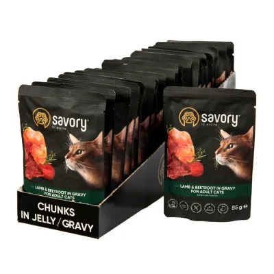 Набір вологих кормів Savory Cat Pouch for Adult with Lamb and beetroot in Gravy 85 г, 18+4 шт.